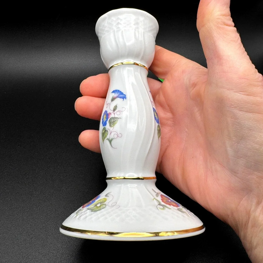 Hollohaza Hungary Hajnalka Porcelain Candlestick Floral Gold Trim Cottagecore